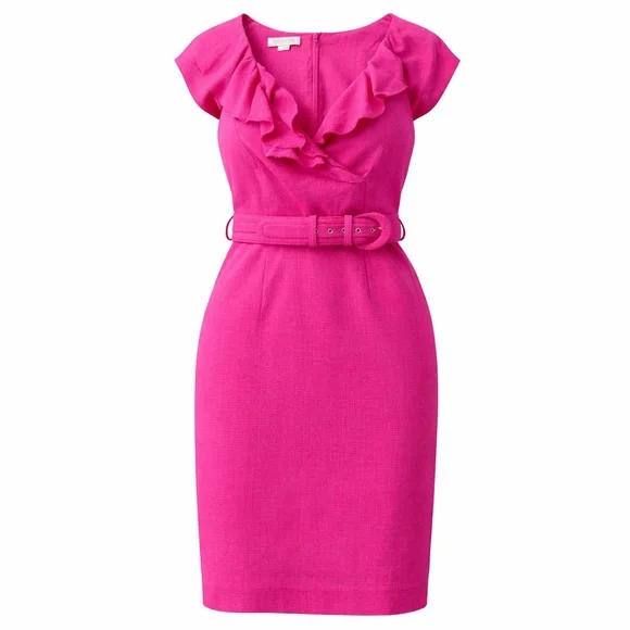 Kay Unger New York Pink Silk Ruffle Sheath Dress Belted Size 10 - Picture 1 of 11